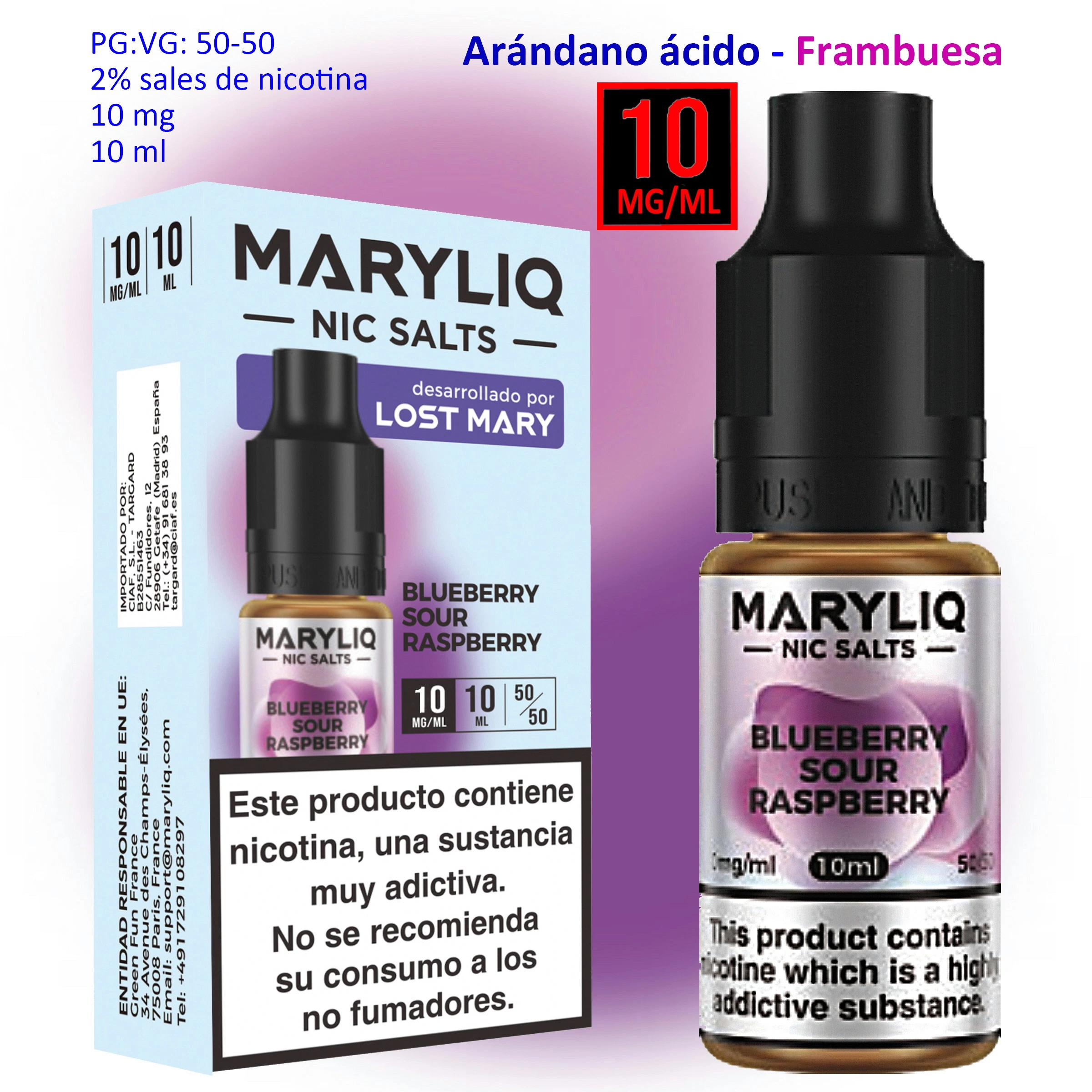 Frasco y caja MARYLIQ Blueberry Sour Raspberry con etiquetas de 10 mg/ml y 10 ml, tonos violetas y advertencias sobre la nicotina.