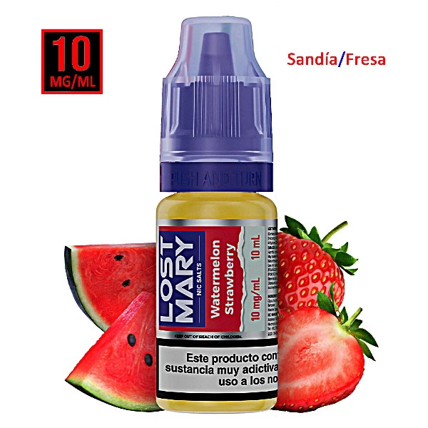 Frasco de sales de nicotina Lost Mary Watermelon Strawberry de 10 ml y 10 mg/ml, con tapón morado, rodeado de sandía y fresas sobre fondo blanco.