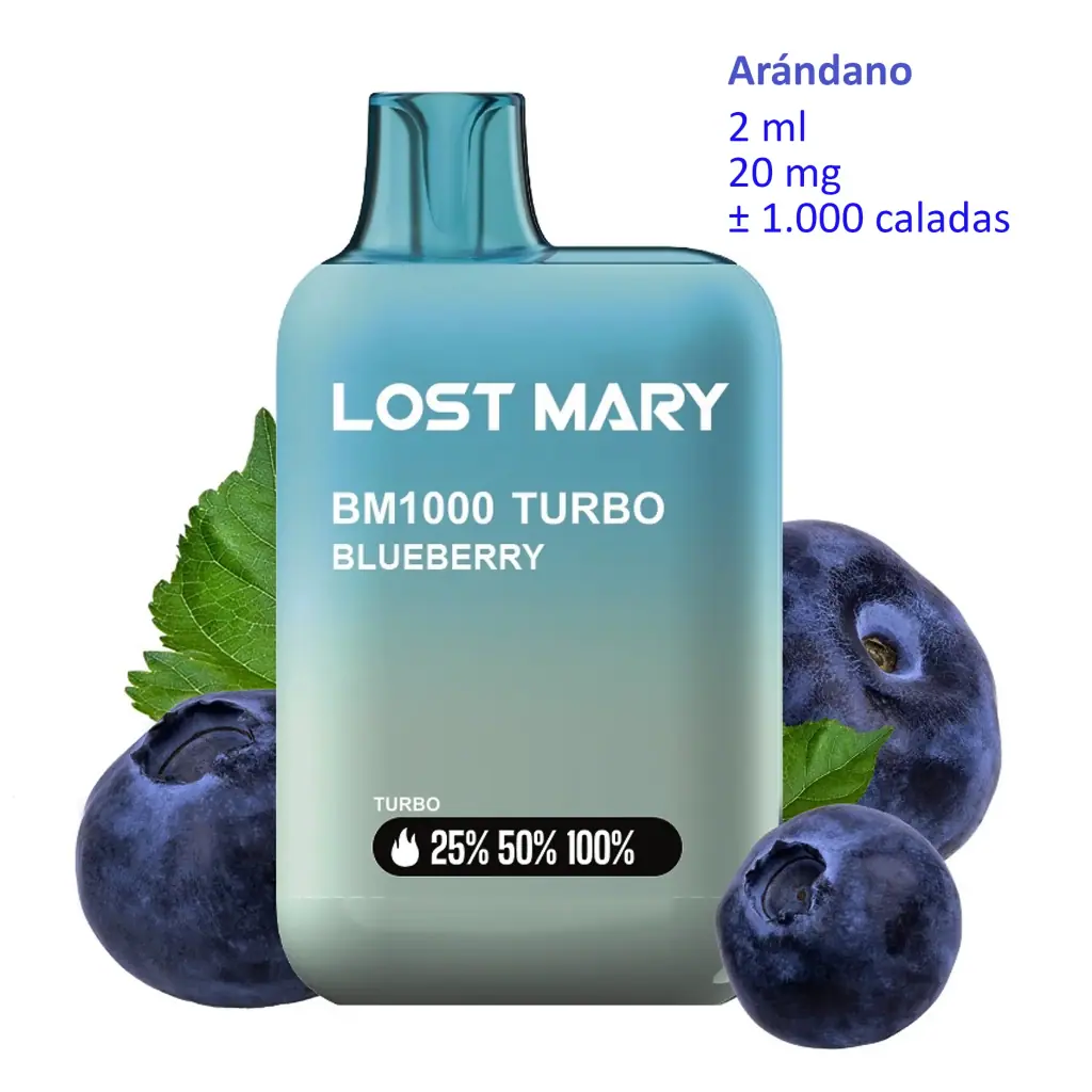 Vaper Lost Mary BM1000 TURBO Blueberry de 20 mg, con cuerpo turquesa y boquilla translúcida, rodeado de arándanos y hojas verdes.