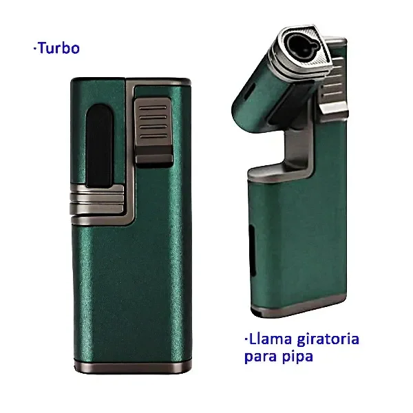 Encendedor PASSATORE Yves verde con detalles cromados, mostrado en dos vistas con el cabezal cerrado y girado para pipa. Encendedor PASSATORE Yves verde con detalles cromados, mostrado en dos vistas con el cabezal cerrado y girado para pipa.