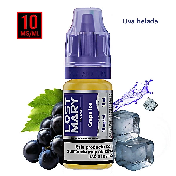Frasco de LOST MARY Grape Ice de 10 ml y 10 mg/ml, con tapón morado, junto a uvas oscuras, hojas verdes y cubitos de hielo sobre fondo blanco.