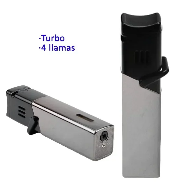 Encendedor turbo SKY gris y negro mostrado de pie y tumbado, con palanca lateral y el texto «Turbo · 4 llamas». Encendedor turbo SKY gris y negro mostrado de pie y tumbado, con palanca lateral y el texto «Turbo · 4 llamas».