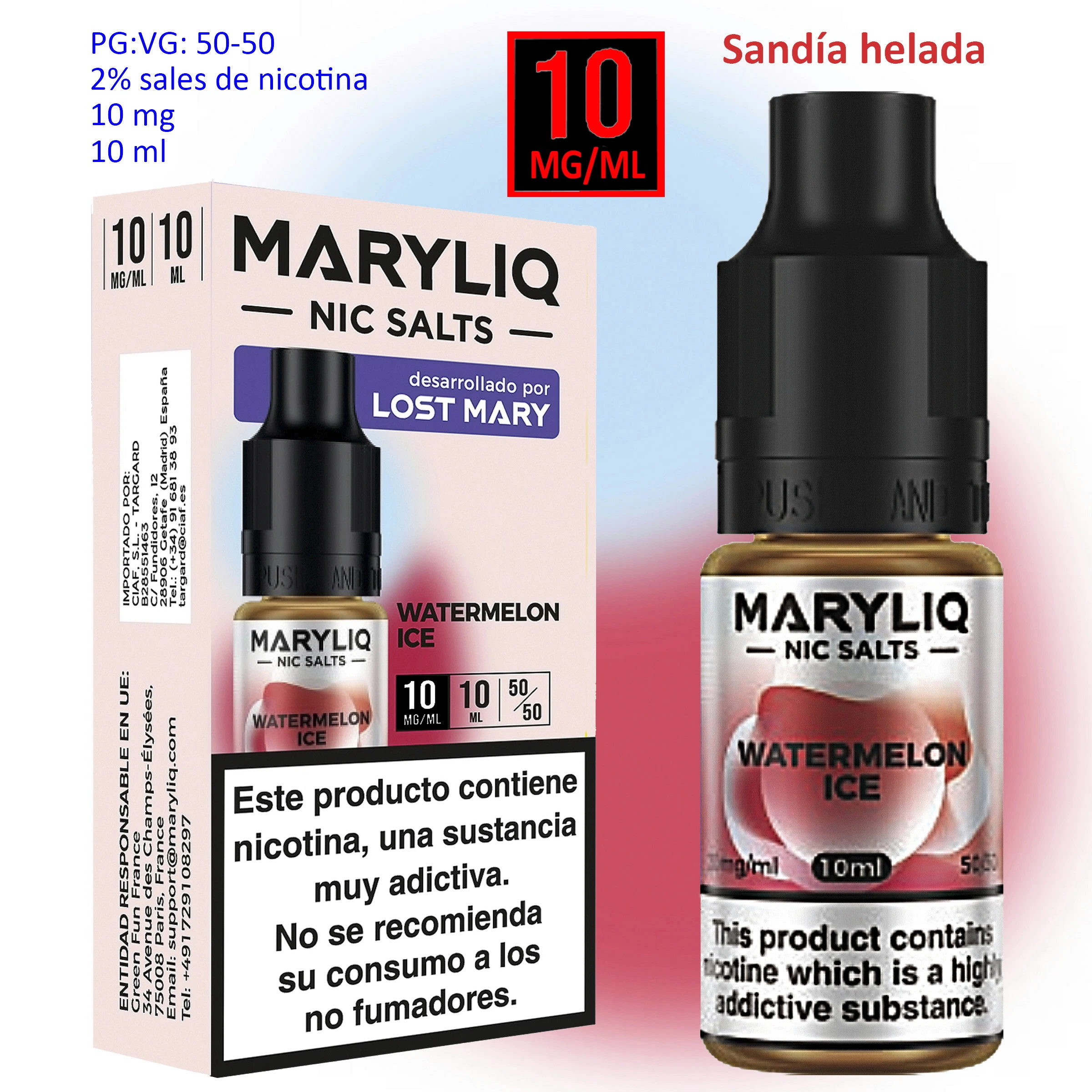 Frasco y caja de sales de nicotina Watermelon Ice Maryliq Lost Mary, con indicaciones de 10 mg/ml y 10 ml y advertencias sobre nicotina.