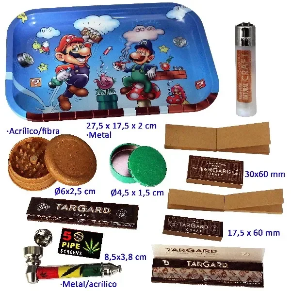 Selección de accesorios TarGard con bandeja azul de Mario y Luigi, grinders de distintos formatos, papeles, mechero y pipa multicolor. Selección de accesorios TarGard con bandeja azul de Mario y Luigi, grinders de distintos formatos, papeles, mechero y pipa multicolor.
