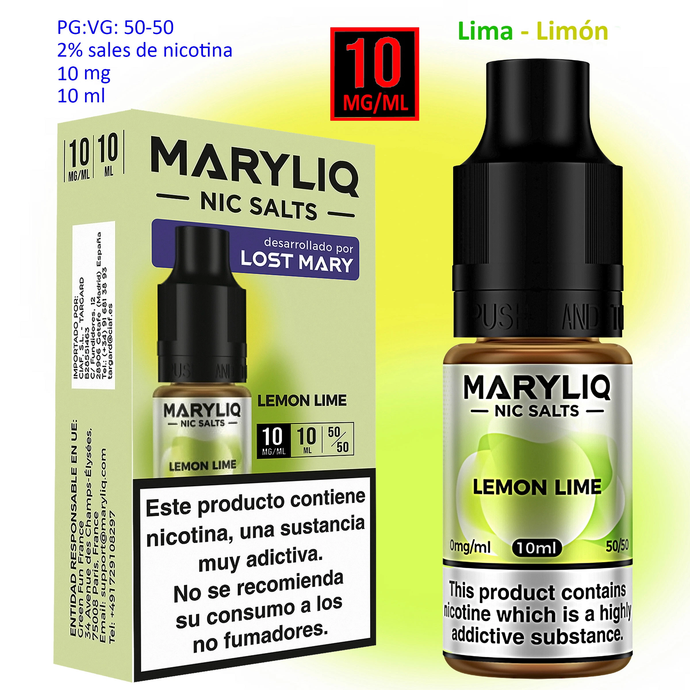Frasco de sales de nicotina Lemon Lime MARYLIQ junto a su caja verde, con tapón negro e indicaciones de 10 ml y 10 mg/ml.