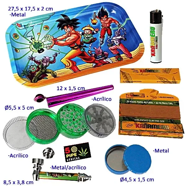 Selección de accesorios para fumar con bandeja de personajes anime, mechero, papeles, conos, pipa y piezas circulares de varios diseños. Selección de accesorios para fumar con bandeja de personajes anime, mechero, papeles, conos, pipa y piezas circulares de varios diseños.