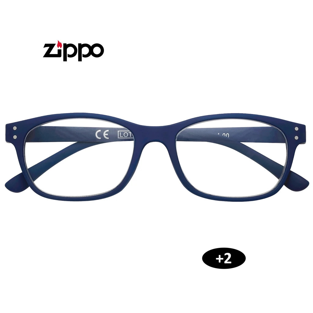 Gafas de lectura Zippo +2.00 con montura azul oscuro rectangular, patillas plegadas y pequeños remaches plateados, vistas de frente.