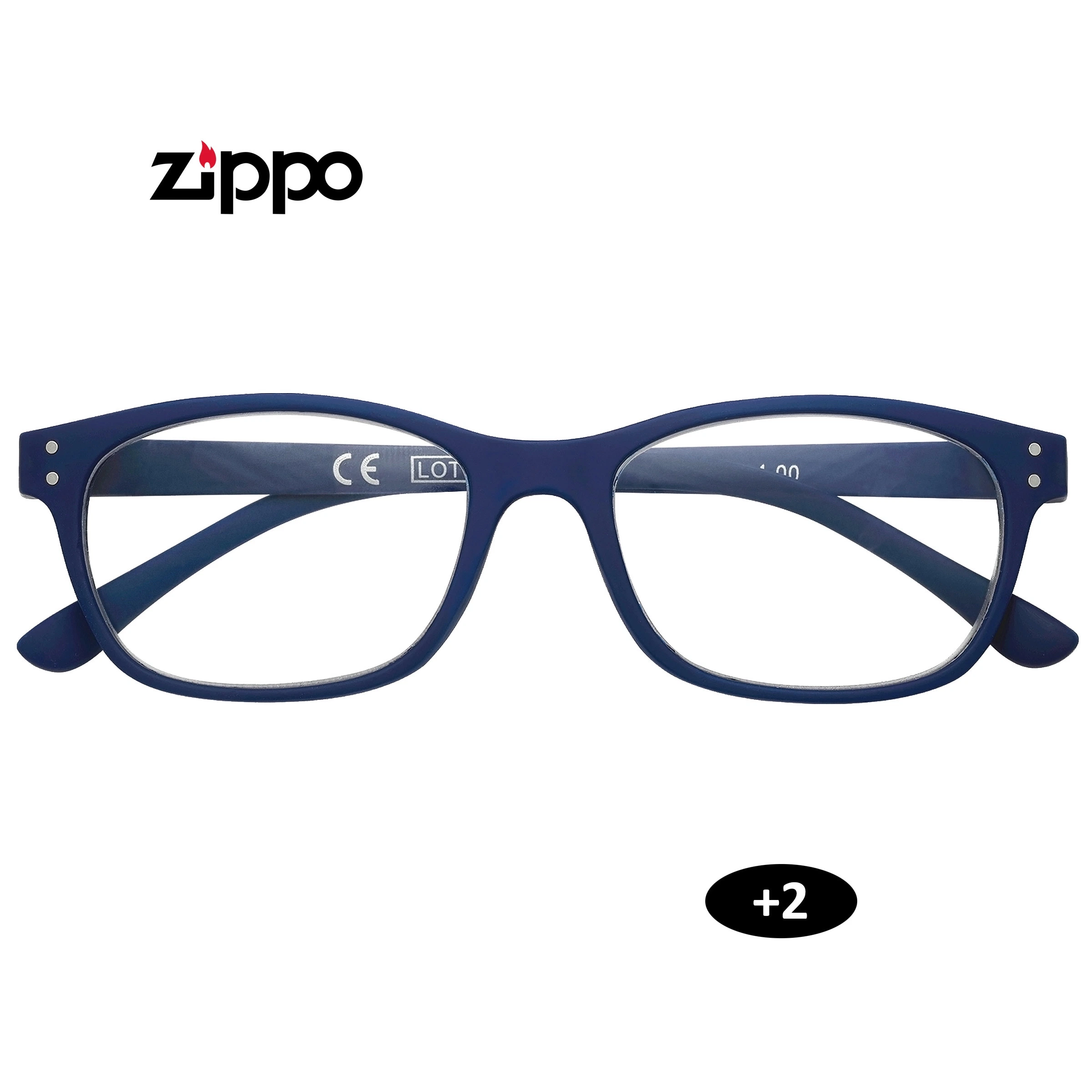 Gafas de lectura Zippo +2.00 con montura azul oscuro rectangular, patillas plegadas y pequeños remaches plateados, vistas de frente.