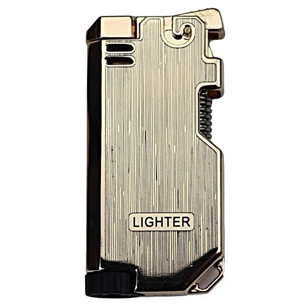 Encendedor Quentin dorado con cuerpo estriado, inscripción LIGHTER y mecanismo lateral visible, sobre fondo blanco.