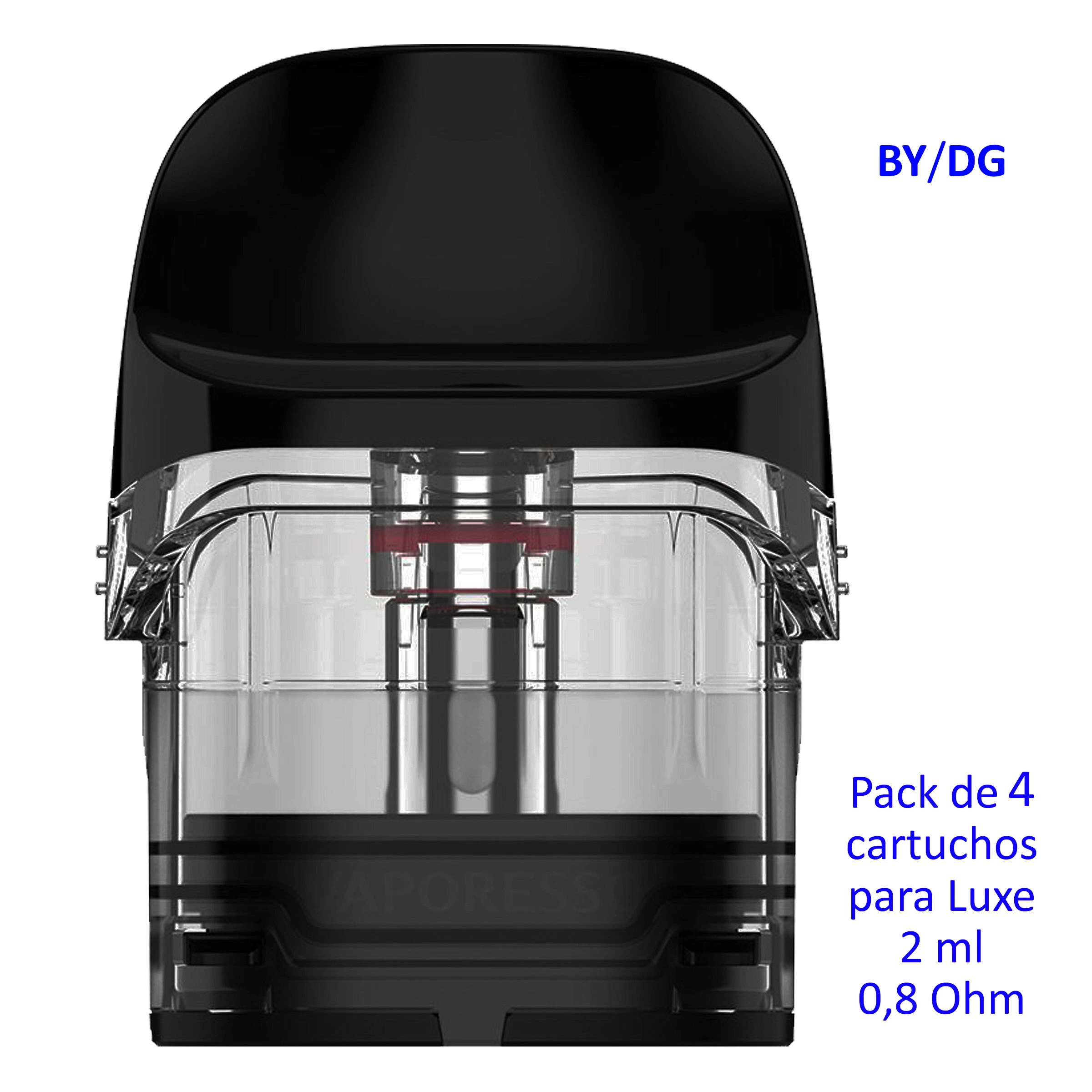Detalle frontal del cartucho Vaporesso Luxe Q, con depósito transparente y boquilla negra; el texto indica 2 ml y 0,8 ohm. Detalle frontal del cartucho Vaporesso Luxe Q, con depósito transparente y boquilla negra; el texto indica 2 ml y 0,8 ohm.