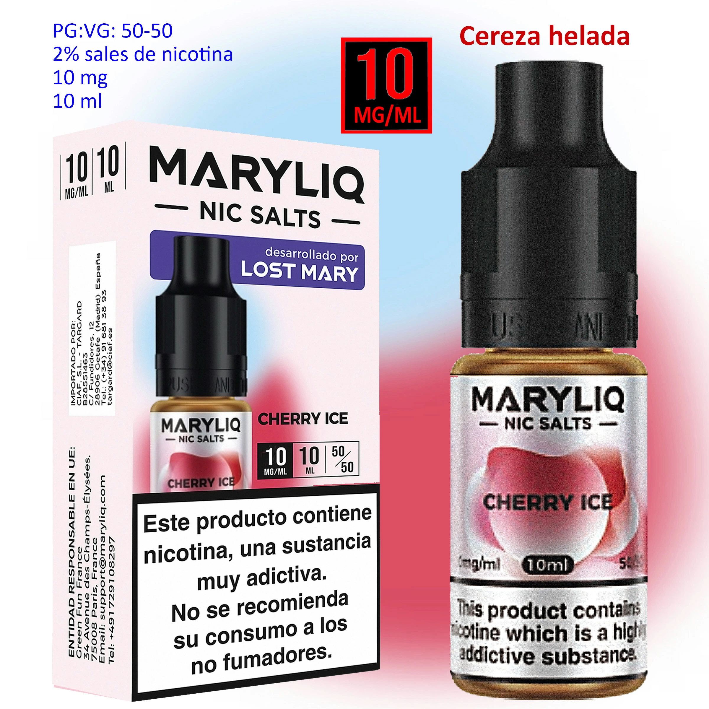 Frasco y caja de sales de nicotina MARYLIQ Cherry Ice, con etiquetas de 10 ml y 10 mg/ml y advertencias sobre la nicotina.