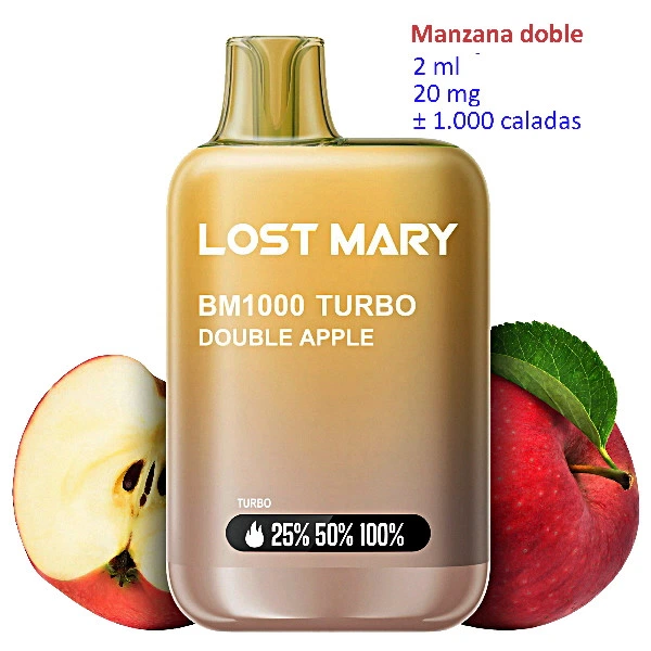 Vaper Lost Mary BM1000 TURBO Double Apple de 20 mg, con cuerpo dorado y boquilla translúcida, junto a una manzana roja y otra cortada.
