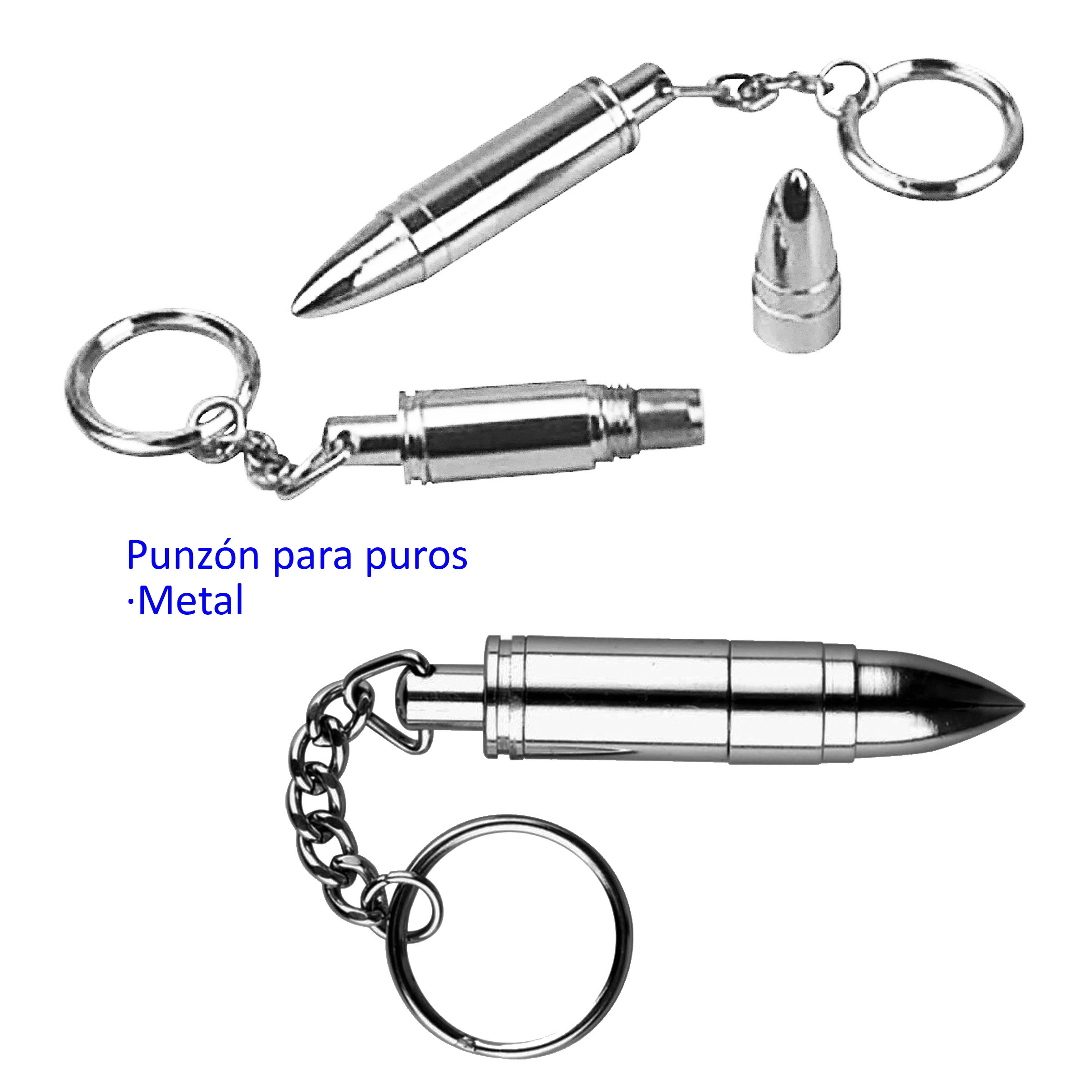 Llavero punzón para puros de metal plateado con forma de bala, mostrado cerrado y con el capuchón retirado sobre fondo blanco.