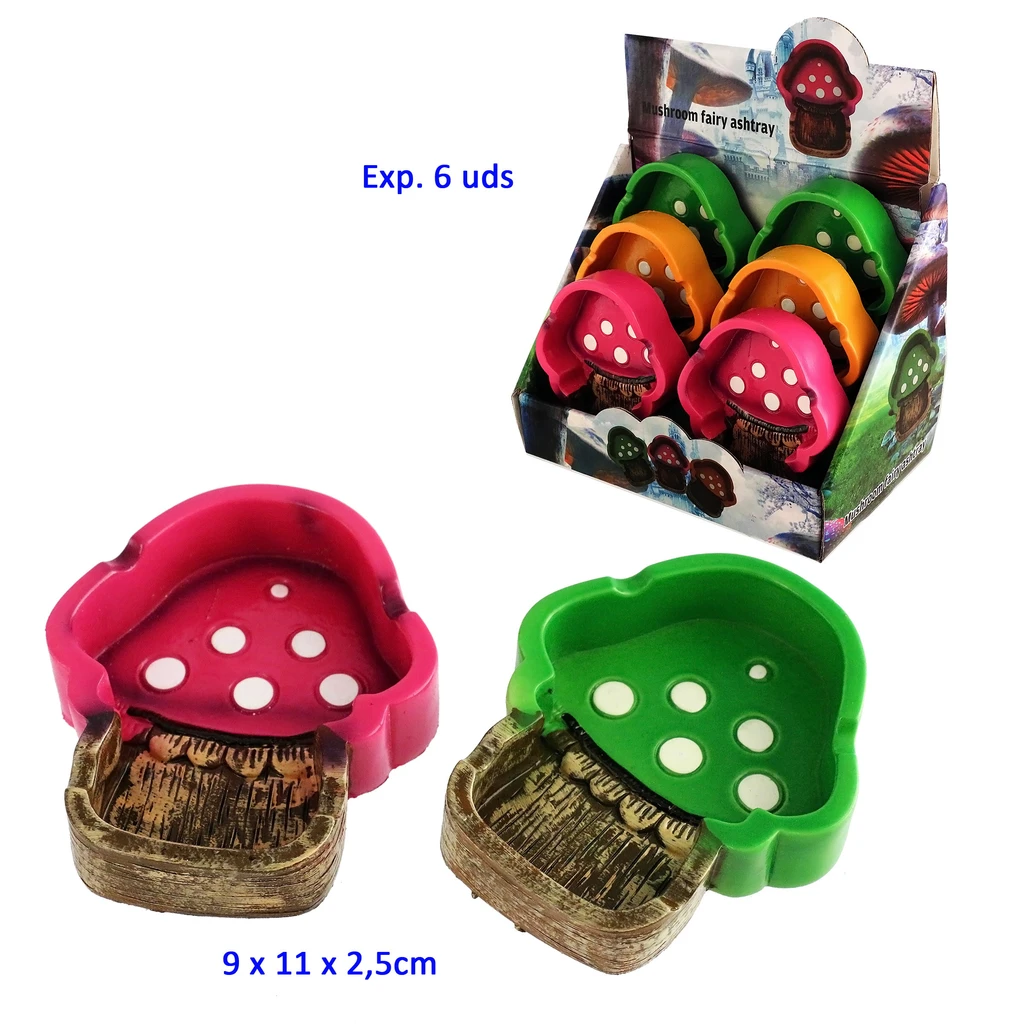 Ceniceros con forma de seta, sombreros rosa y verde con puntos blancos y base de aspecto leñoso, junto a un expositor de varios colores.