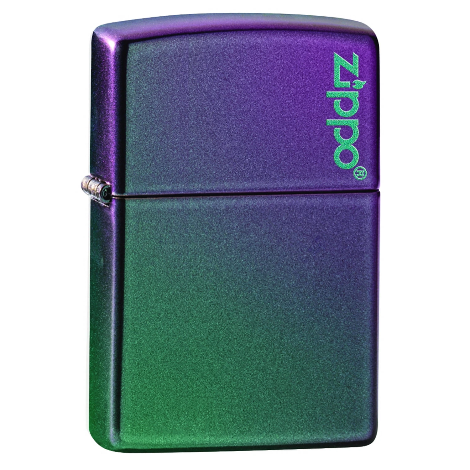 Encendedor Zippo Iridescent Matte cerrado, con reflejos violetas y verdes y logotipo verde vertical en la tapa, sobre fondo blanco.