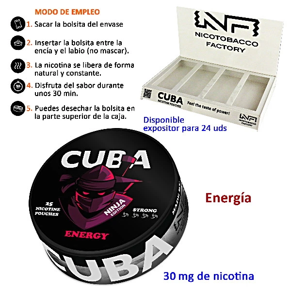 Bote negro de bolsitas de nicotina Ninja Energy Cuba Black 30 mg, con un ninja en la tapa, expositor e instrucciones de uso.