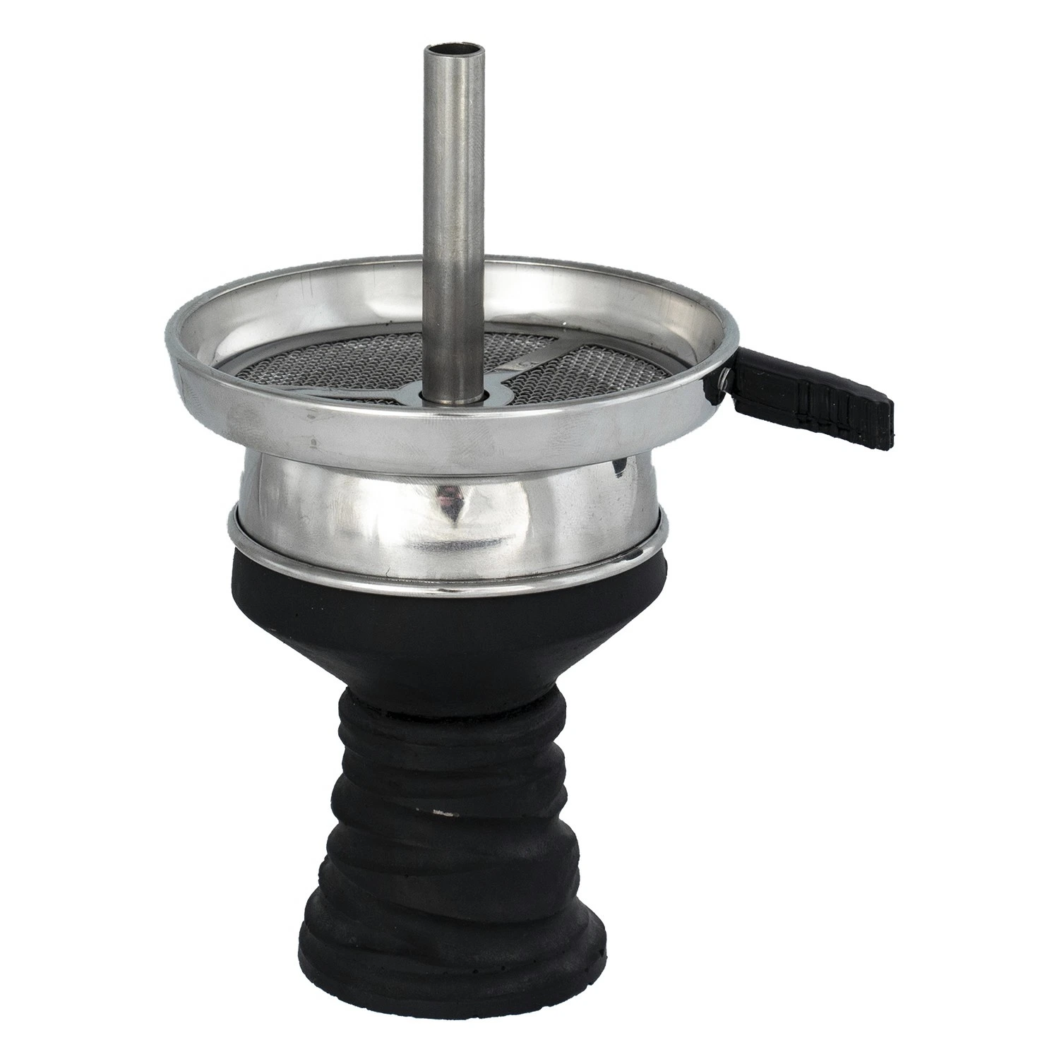 Cazoleta de barro negro con gestor de calor plateado, rejilla circular, tubo central vertical y mango lateral negro sobre fondo blanco.