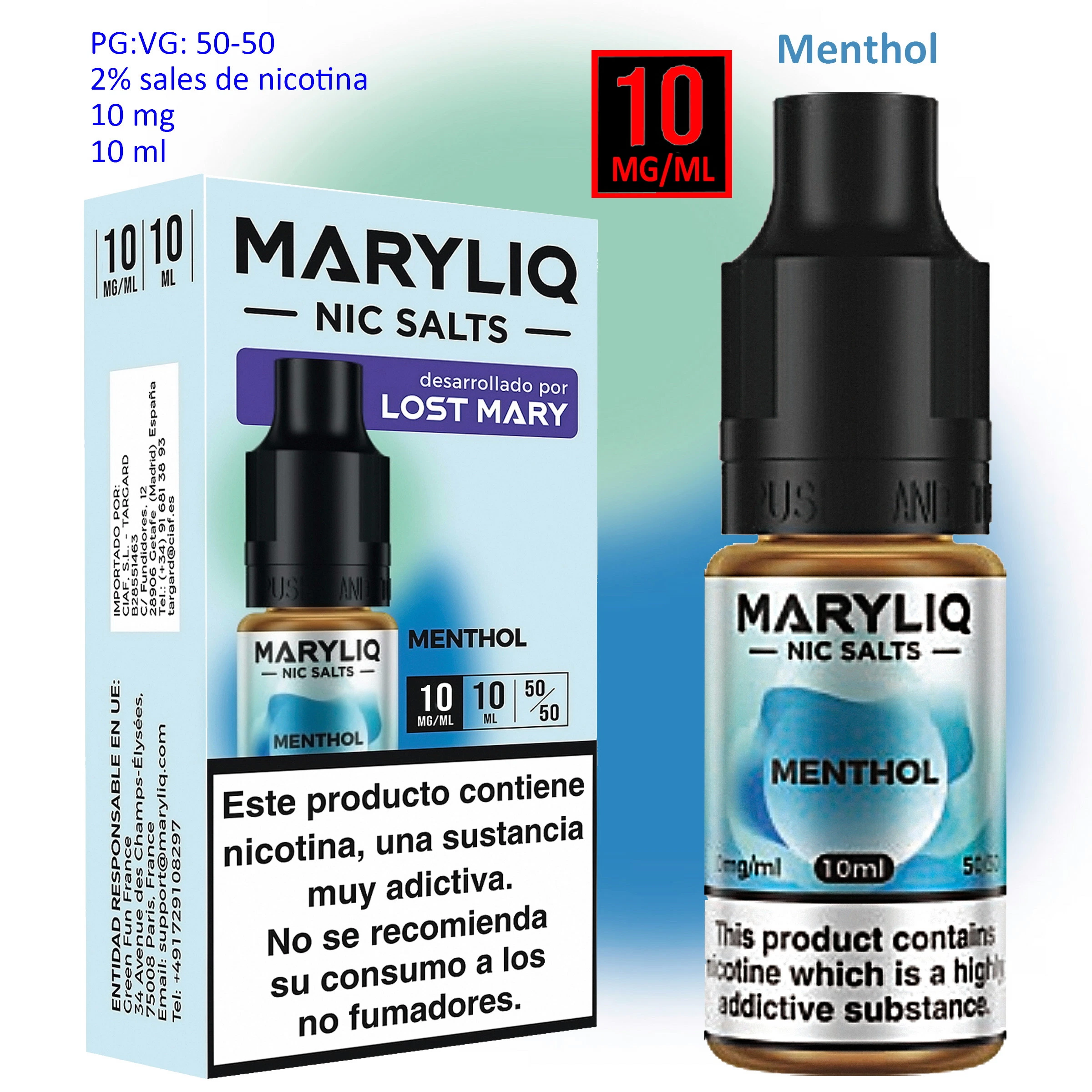 Frasco y caja de Maryliq Menthol de Lost Mary, con etiquetas azules que indican 10 mg/ml, 10 ml y advertencias sobre la nicotina.