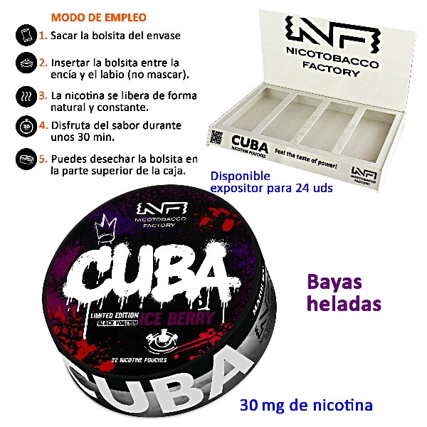 Lata negra de bolsitas de nicotina CUBA Black Ice Berry de 30 mg, con detalles morados y rojos, expositor e instrucciones de uso.