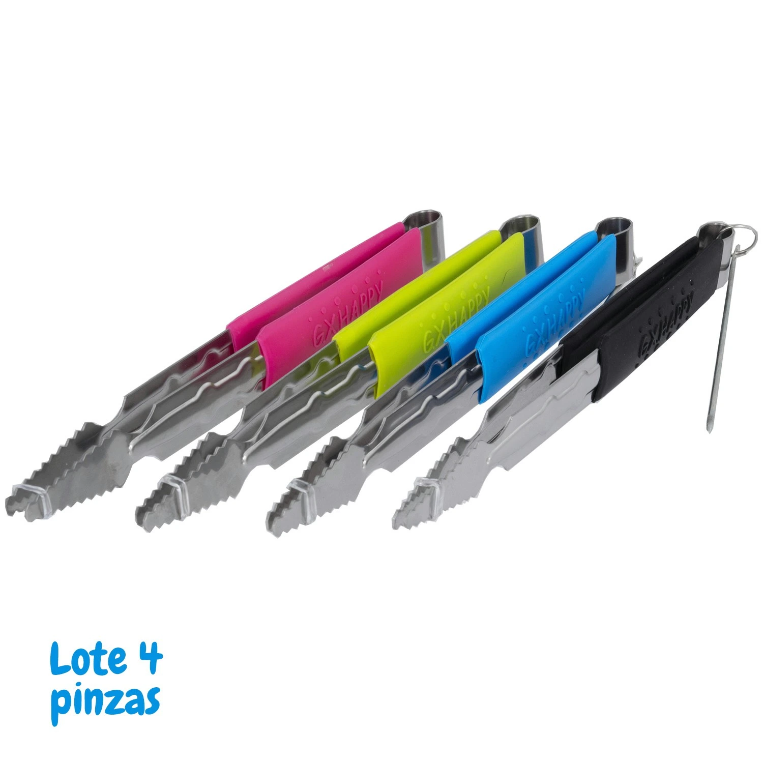 Pinzas para shisha con puntas dentadas y mangos de silicona en rosa, verde lima, azul y negro, dispuestas en diagonal sobre fondo blanco.