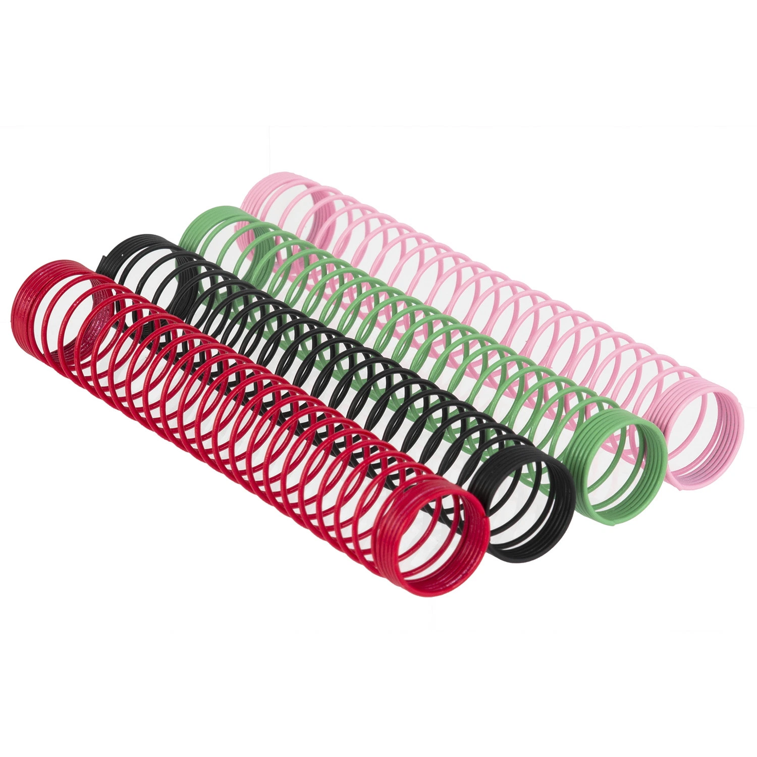 Muelles anti-flexión para shisha en rojo, negro, verde y rosa, dispuestos en paralelo y en diagonal sobre fondo blanco.