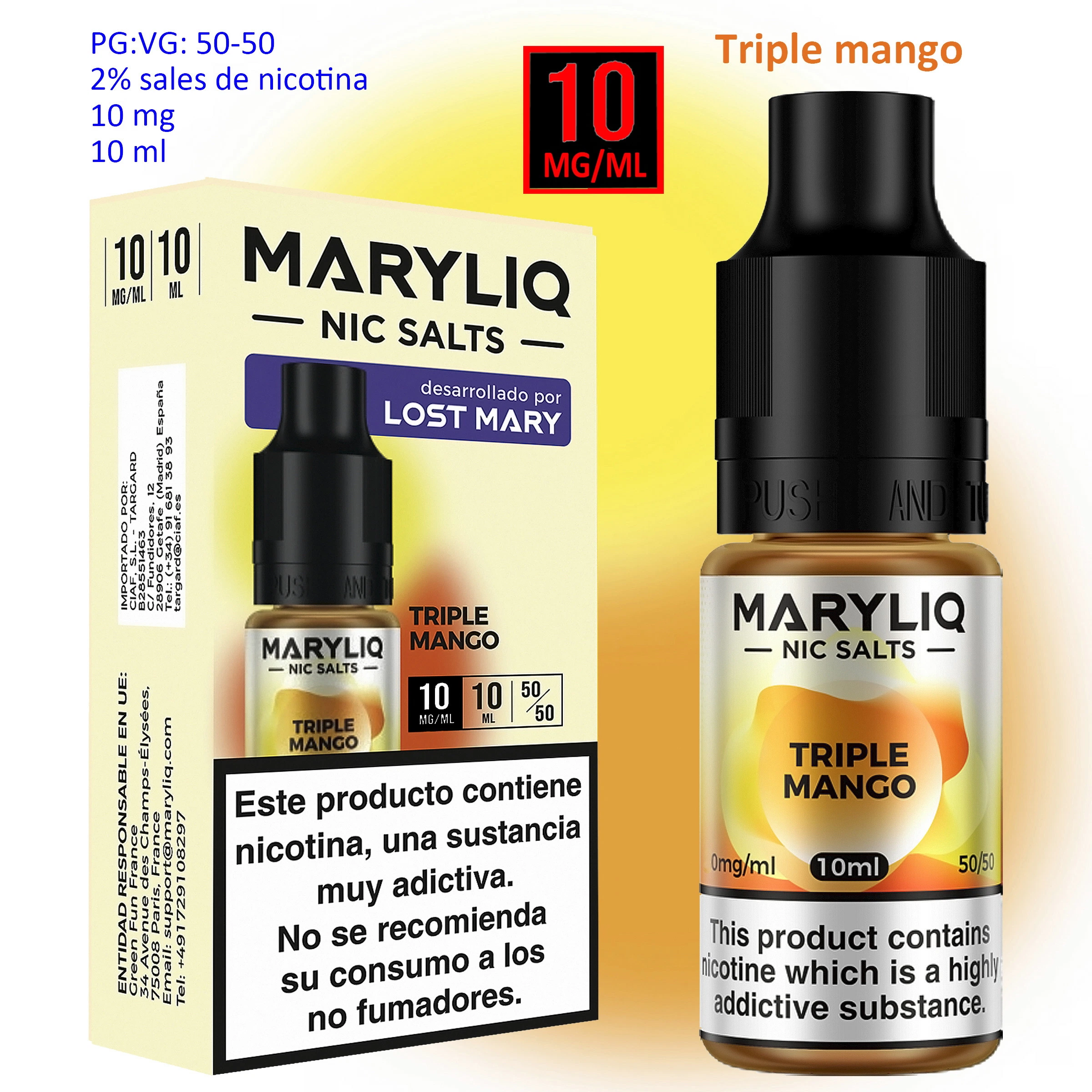 Frasco y caja de sales de nicotina MARYLIQ Triple Mango, con indicaciones de 10 ml y 10 mg/ml y advertencias sobre la nicotina.