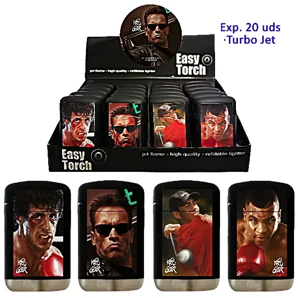 Expositor Easy Torch con varios encendedores negros Serie 3 Sport y vistas de distintos diseños con retratos de boxeadores, un golfista y un hombre con gafas.