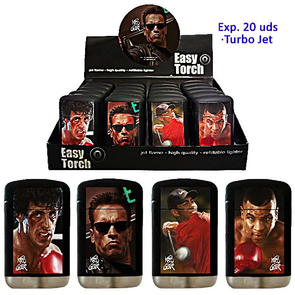 Expositor Easy Torch con varios encendedores negros Serie 3 Sport y vistas de distintos diseños con retratos de boxeadores, un golfista y un hombre con gafas.
