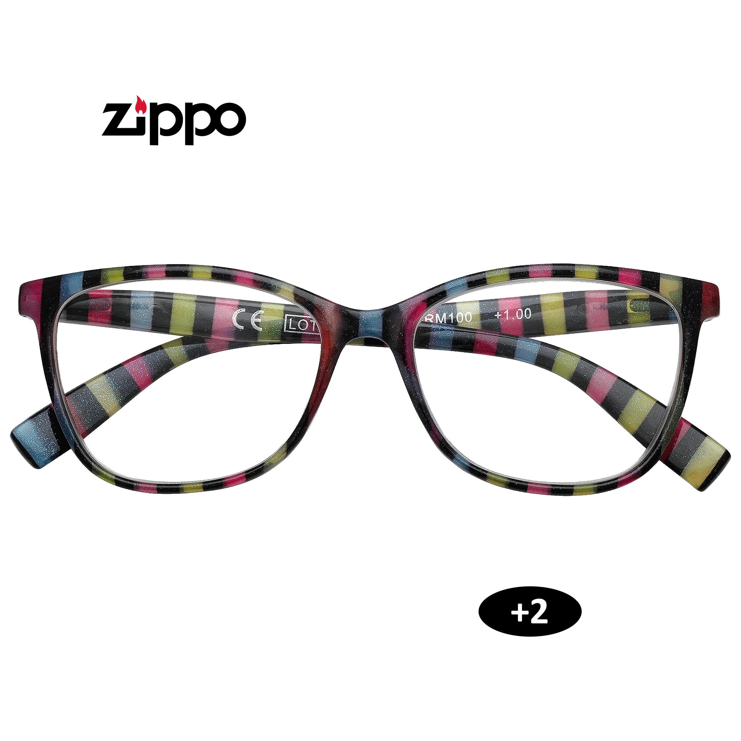 Gafas de lectura Zippo con montura rectangular de rayas multicolores y distintivo +2; en el interior se lee +1.00.