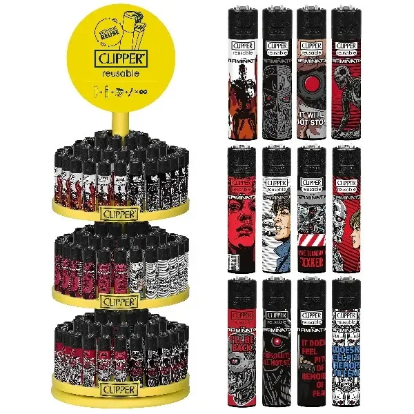 Carrusel amarillo Clipper de tres niveles con encendedores Terminator y selección de diseños en negro, rojo y blanco mostrados al lado.
