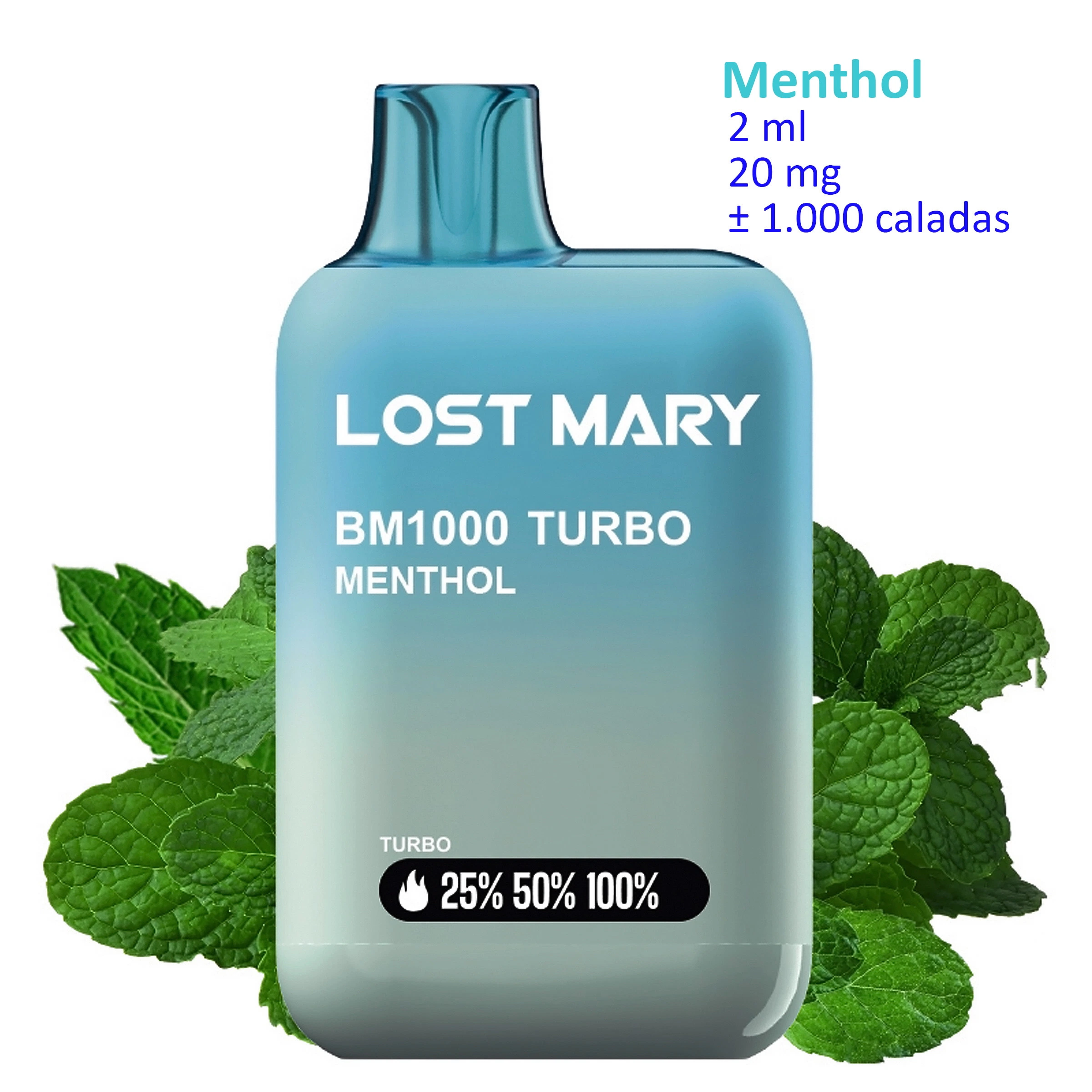 Vaper desechable Lost Mary BM1000 TURBO Menthol de 20 mg, en tonos turquesa, con boquilla superior y hojas de menta alrededor sobre fondo blanco.