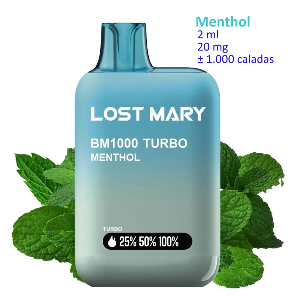 Vaper desechable Lost Mary BM1000 TURBO Menthol de 20 mg, en tonos turquesa, con boquilla superior y hojas de menta alrededor sobre fondo blanco.