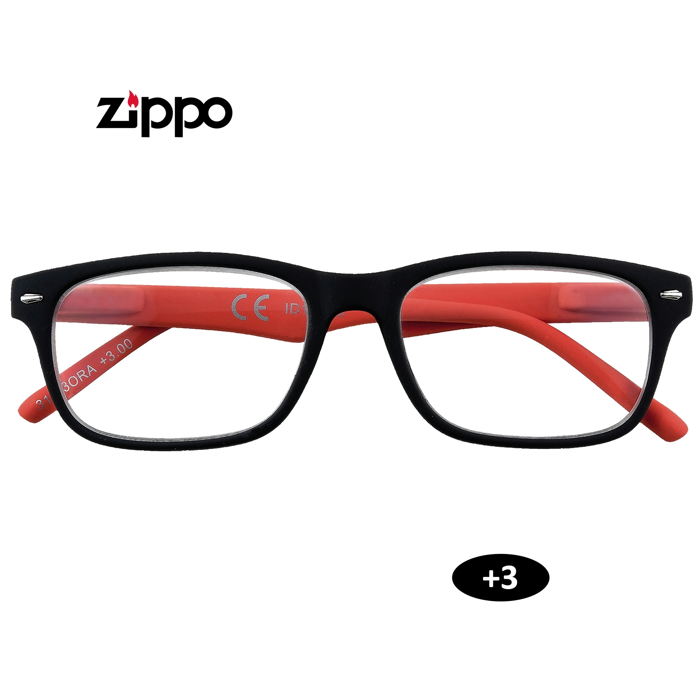 Gafas de lectura Zippo +3.00 vistas de frente, con montura rectangular negra, patillas rojas plegadas y detalles plateados laterales.