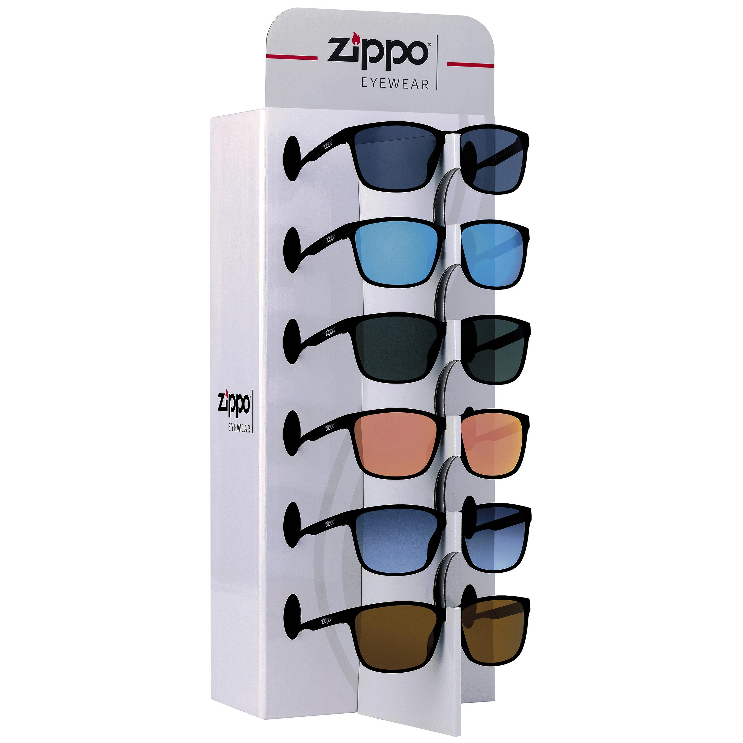 Expositor blanco Zippo Eyewear con varios modelos de gafas de sol de montura negra y lentes en distintos tonos, incluidos azul y naranja.