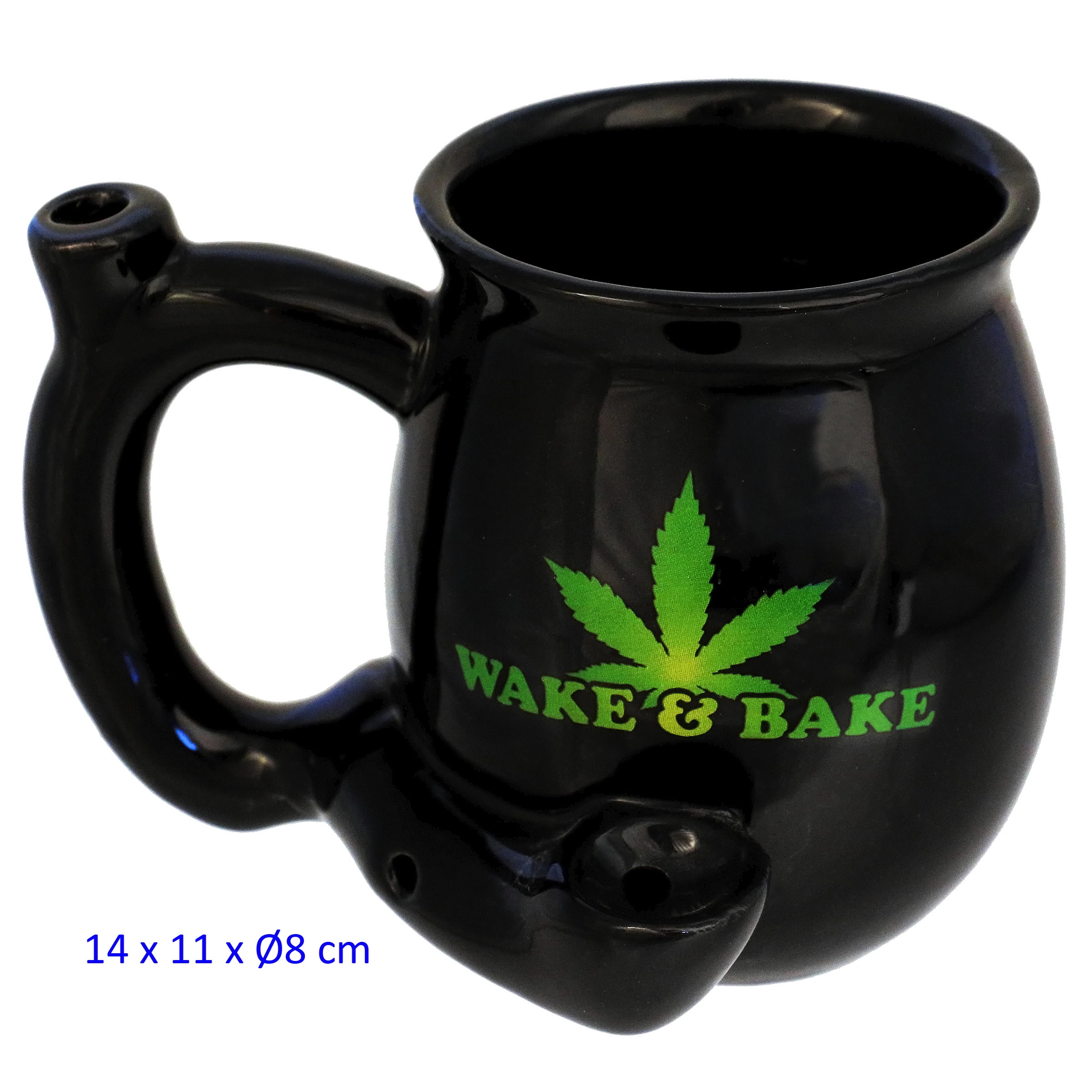 Pipa-jarra negra brillante con asa, cazoleta frontal y boquilla en el asa, decorada con una hoja verde y el texto Wake & Bake.