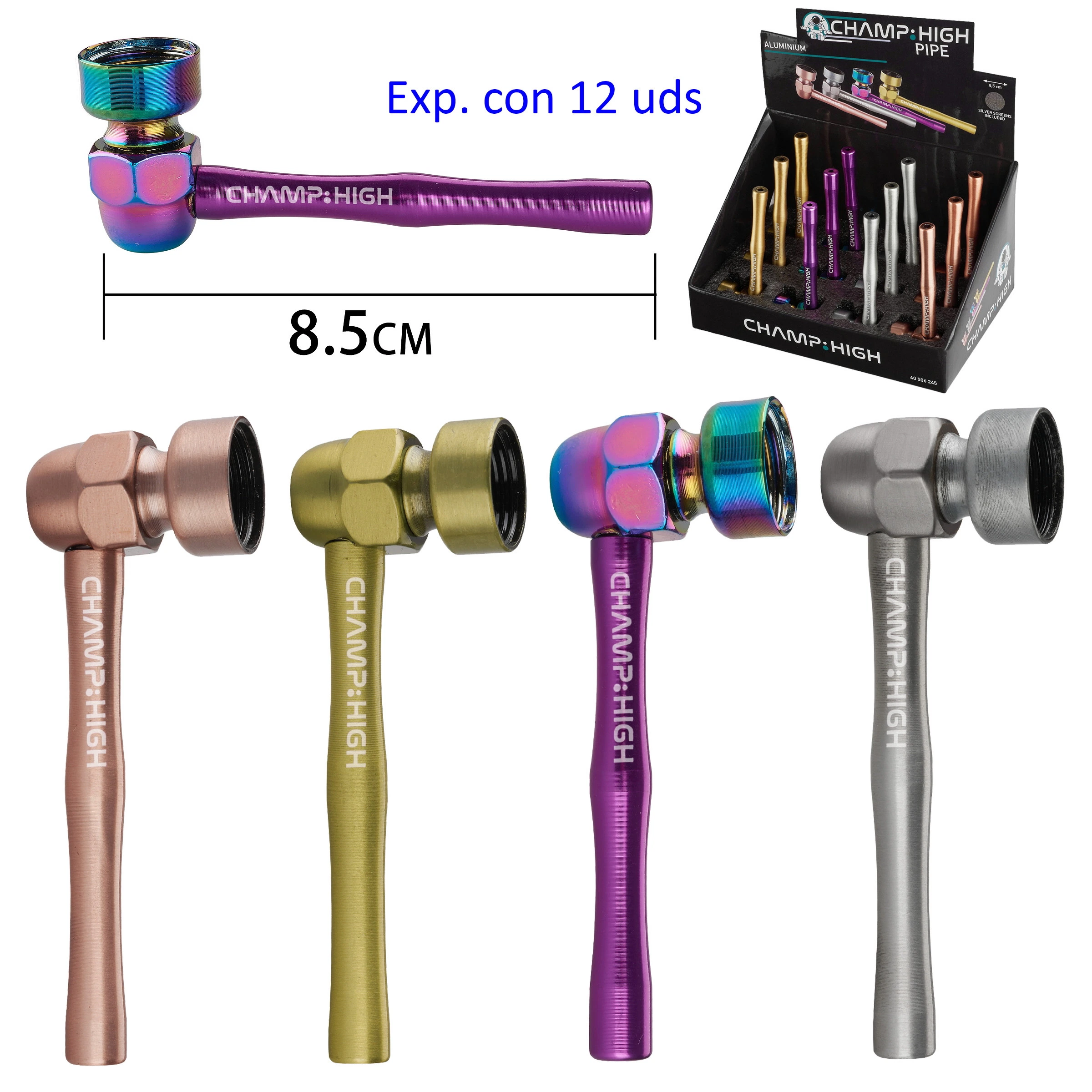 Pipas de metal Champ-High de 8,5 cm en tonos cobre, dorado, multicolor y gris, con detalle del cabezal y expositor de varias unidades.