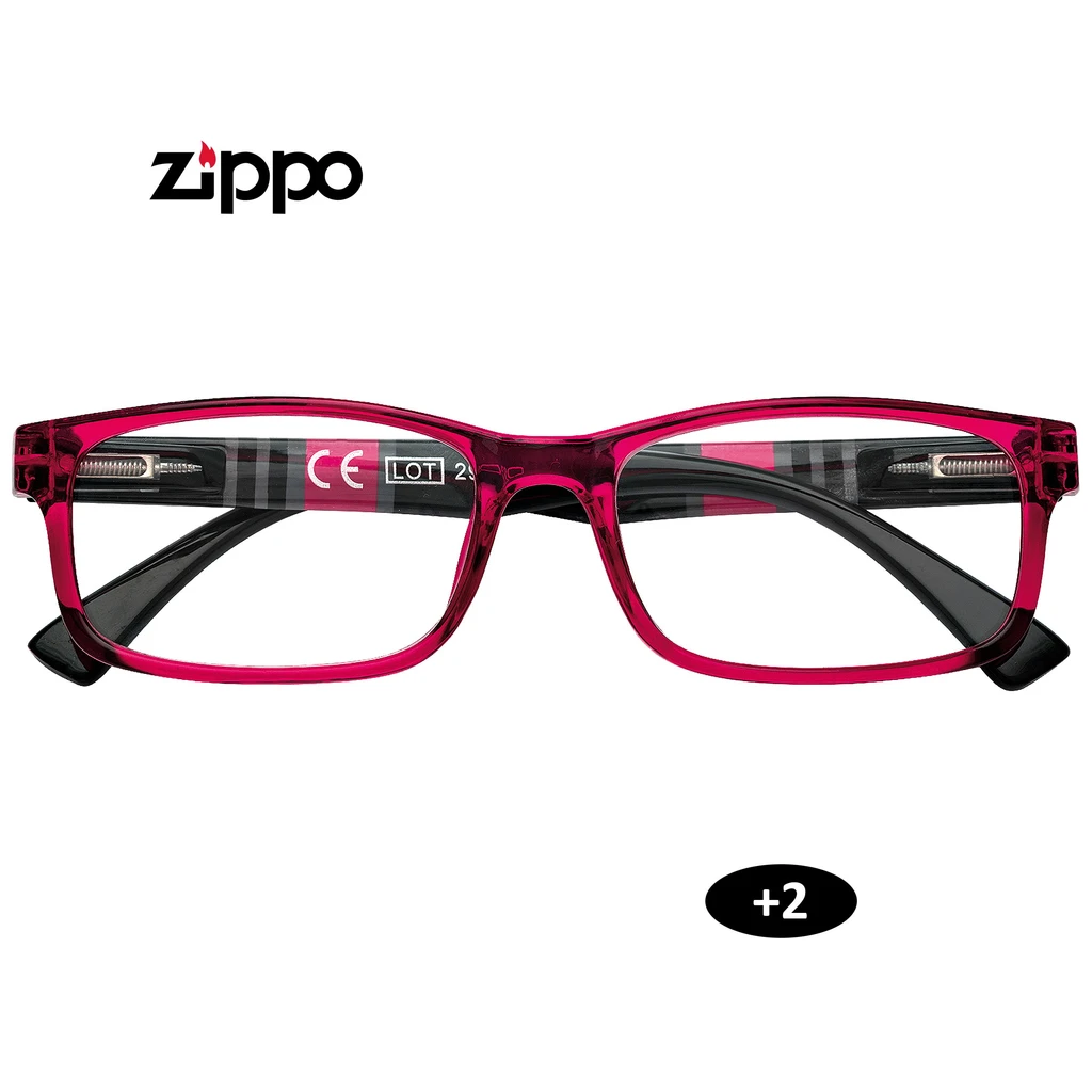 Gafas de lectura Zippo con montura rectangular roja translúcida y patillas negras plegadas, sobre fondo blanco con indicación +2.