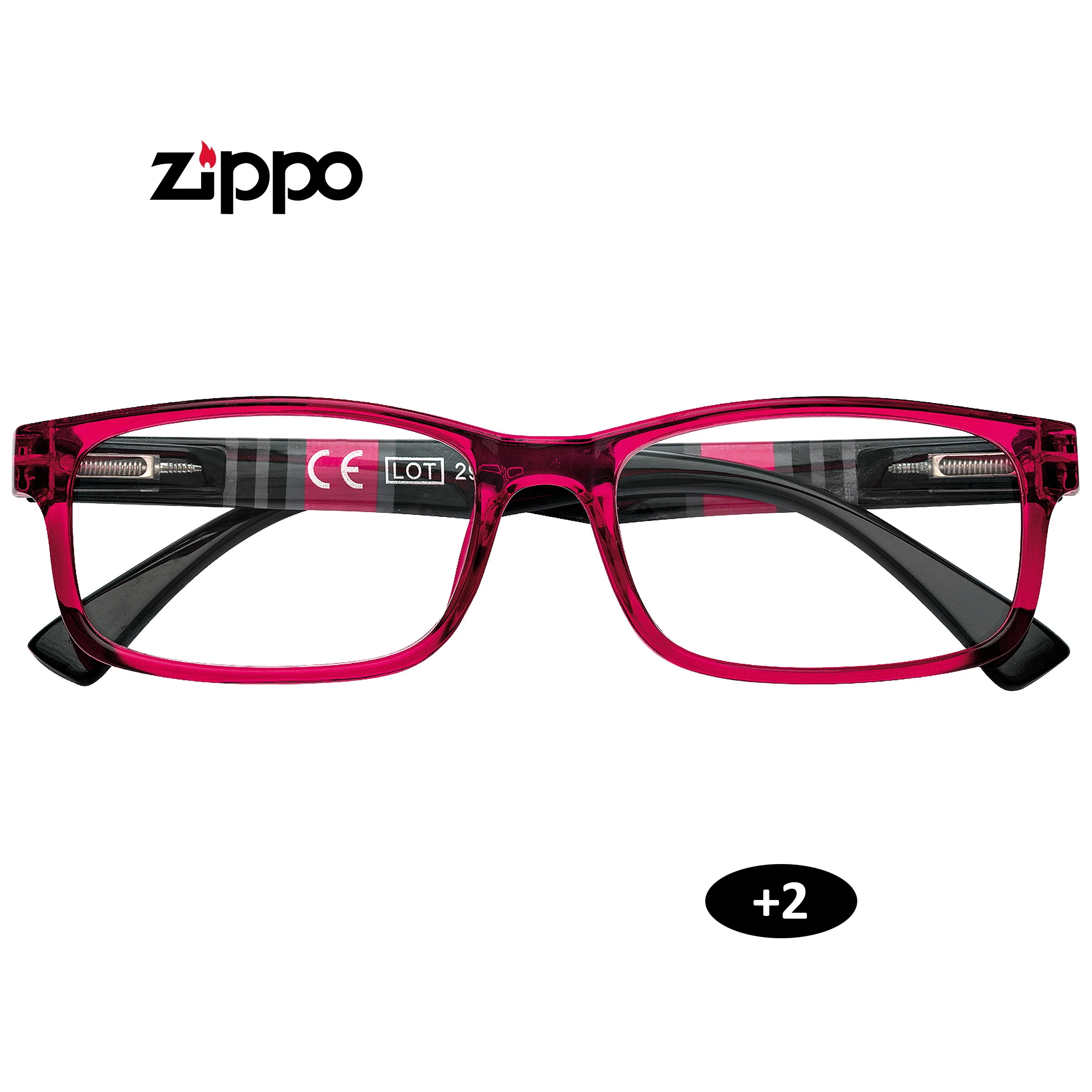 Gafas de lectura Zippo con montura rectangular roja translúcida y patillas negras plegadas, sobre fondo blanco con indicación +2.