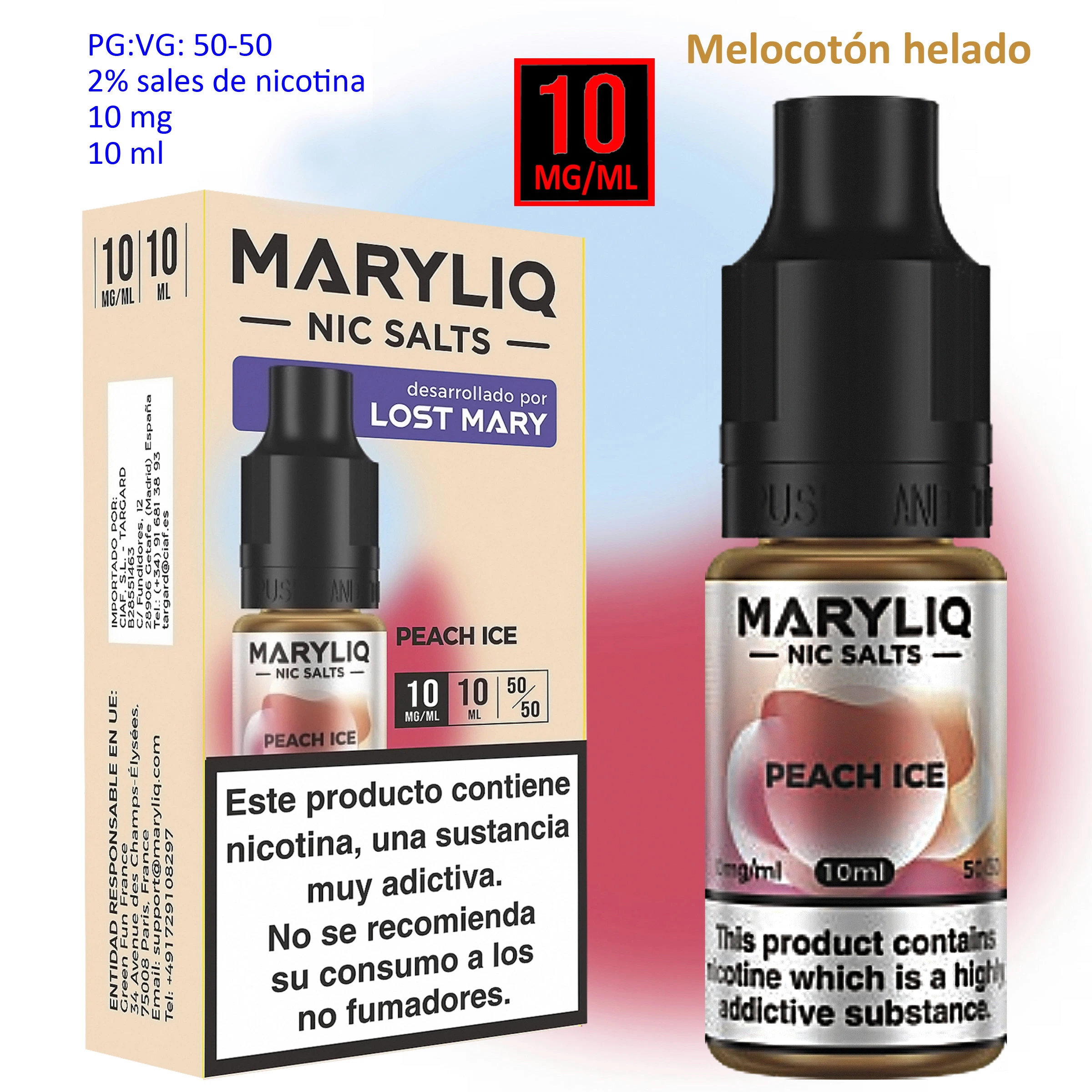 Caja y frasco MARYLIQ Peach Ice de 10 ml y 10 mg/ml, con tapón negro, dibujo de melocotón y advertencia sobre nicotina.