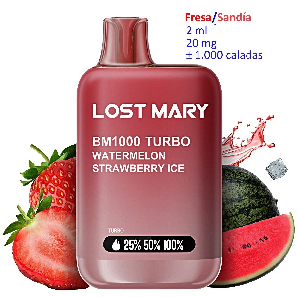 Vapeador Lost Mary BM1000 TURBO Watermelon Strawberry Ice de 20 mg, rojo, con indicador frontal, rodeado de fresas, sandía y hielo sobre fondo blanco.