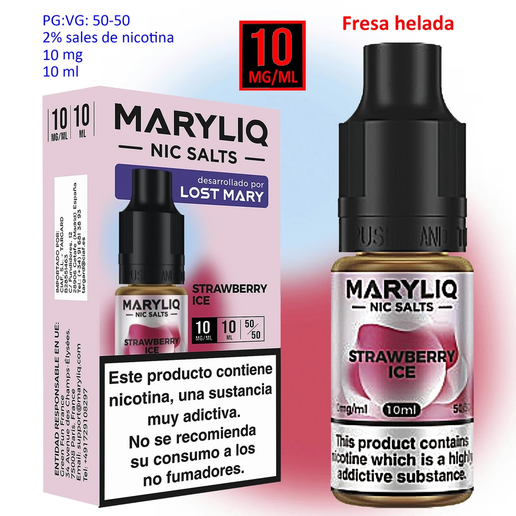 Frasco de MARYLIQ Strawberry Ice con tapón negro junto a su caja rosa, con indicaciones de 10 mg/ml, 10 ml y advertencia sobre nicotina.