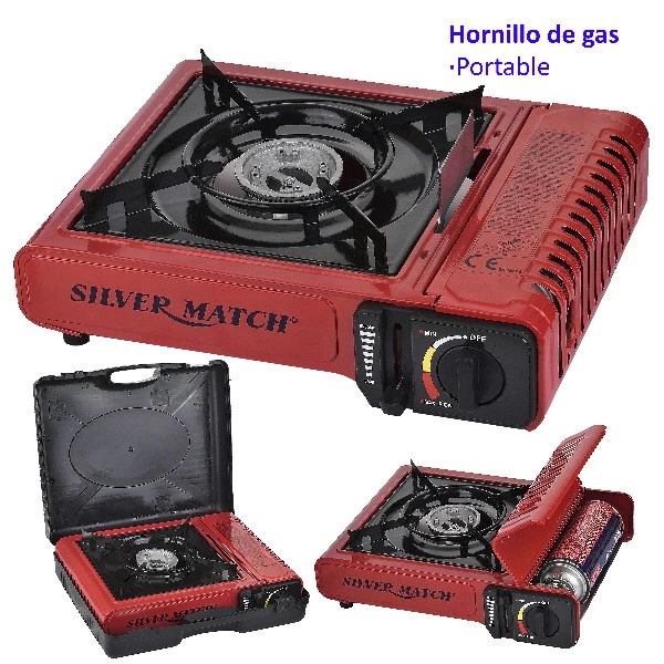 Hornillo de gas butano Silver Match rojo, con quemador negro y mando frontal, mostrado con maletín abierto y compartimento del cartucho abierto.