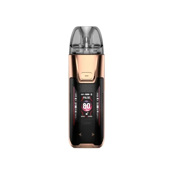 Vaporesso Luxe XR Max 2 en vista frontal, con acabado cobrizo, panel negro, pantalla encendida y depósito translúcido oscuro.