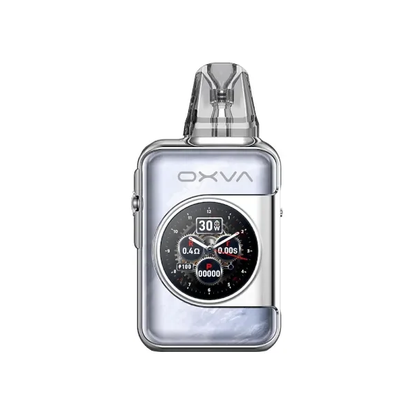 OXVA Xlim SQ Pro 2 de acabado plateado, visto de frente con boquilla transparente y pantalla circular con diseño de reloj e indicador de 30 W.
