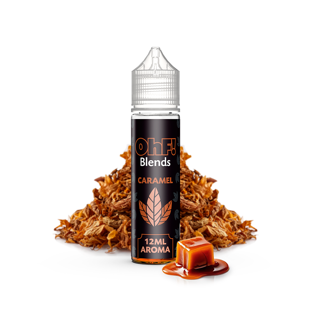 Frasco OhF! Blends Caramel Longfill con etiqueta negra de 12 ml, ante tabaco picado y un caramelo sobre fondo blanco.