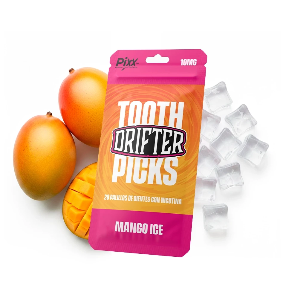 Envase rosa y naranja de Drifter Tooth Picks Mango Ice, rotulado 10 mg y 20 palillos con nicotina, junto a mangos y hielo.