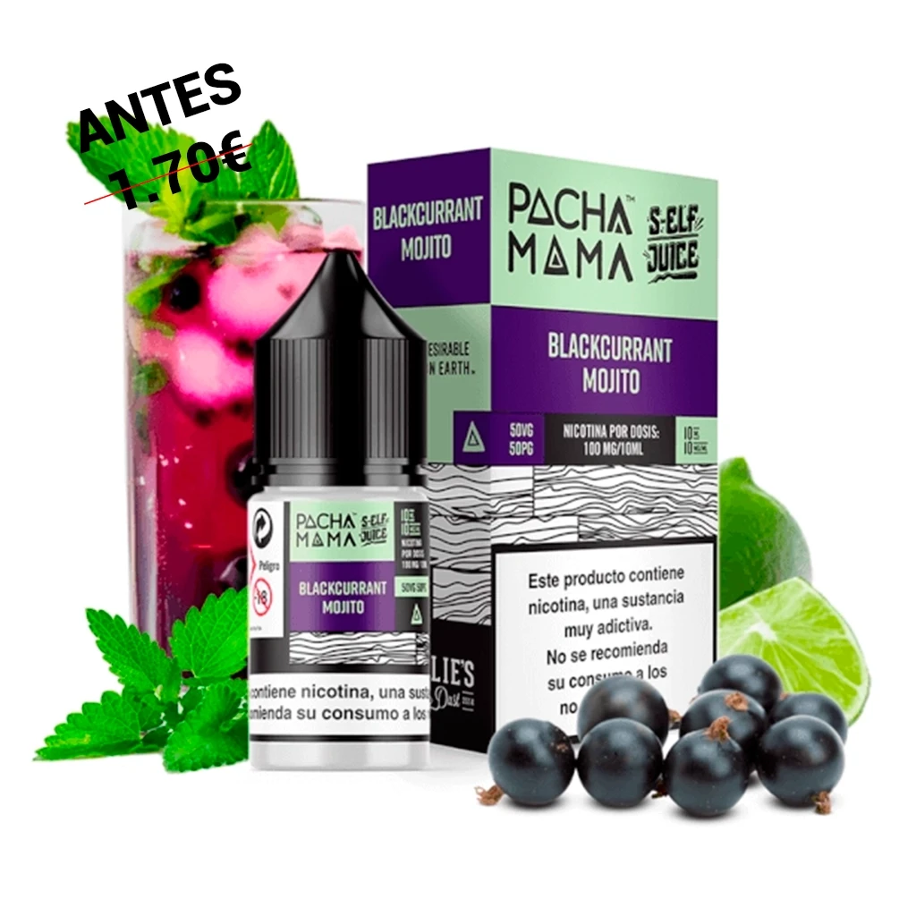 Frasco y caja de Pachamama Blackcurrant Mojito junto a una bebida rosa con hielo, hojas de menta, lima y grosellas negras.