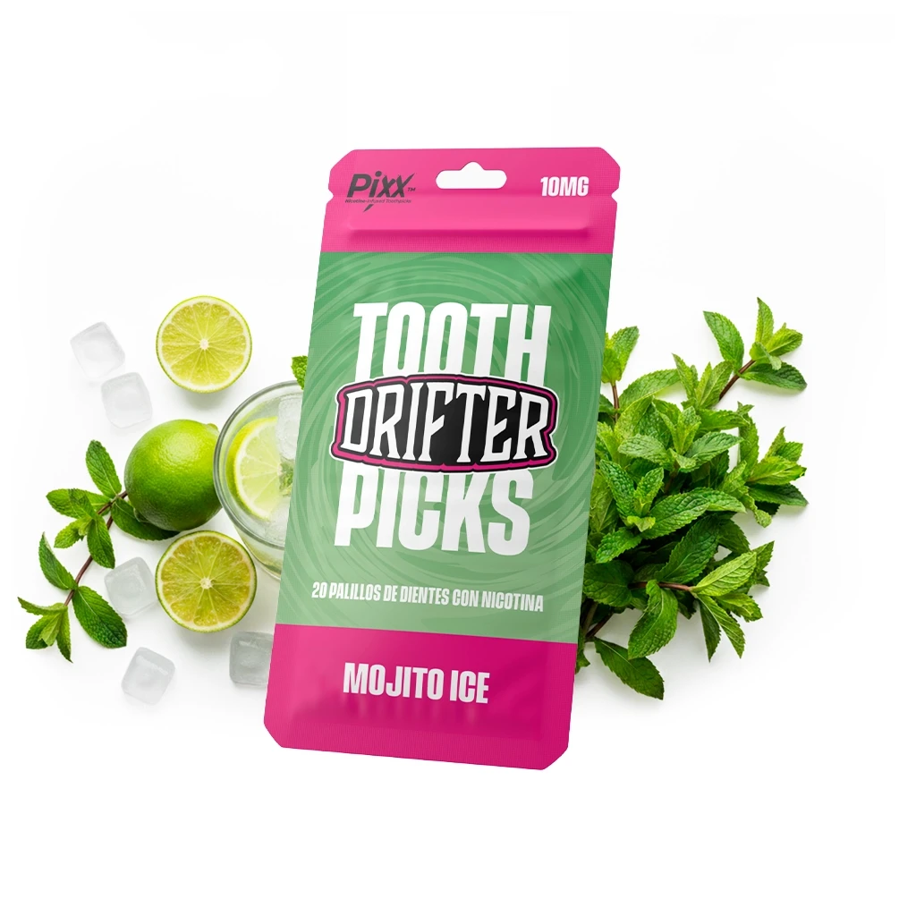 Bolsa verde y rosa de Drifter Tooth Picks Mojito Ice, marcada 10 mg, rodeada de limas, hojas de menta y cubitos de hielo.
