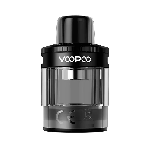 Cartucho Voopoo PNP X DTL con depósito translúcido gris, boquilla negra y logotipo blanco, visto de frente sobre fondo blanco.