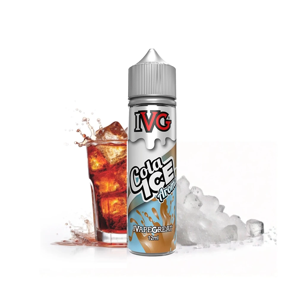 Frasco IVG Cola Ice Longfill con tapón gris y etiqueta de 12 ml, junto a un vaso de cola con hielo y varios cubitos sobre fondo blanco.